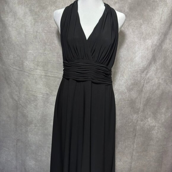 Evan Picone Black Sleeveless V Neck Halter Empire Formal Flowy Midi Dress 12 - Picture 1 of 3
